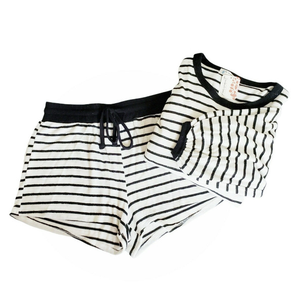 FREE PEOPLE Movement striped knit lounge pajama shorts top set ivory black S NEW - Picture 2 of 6